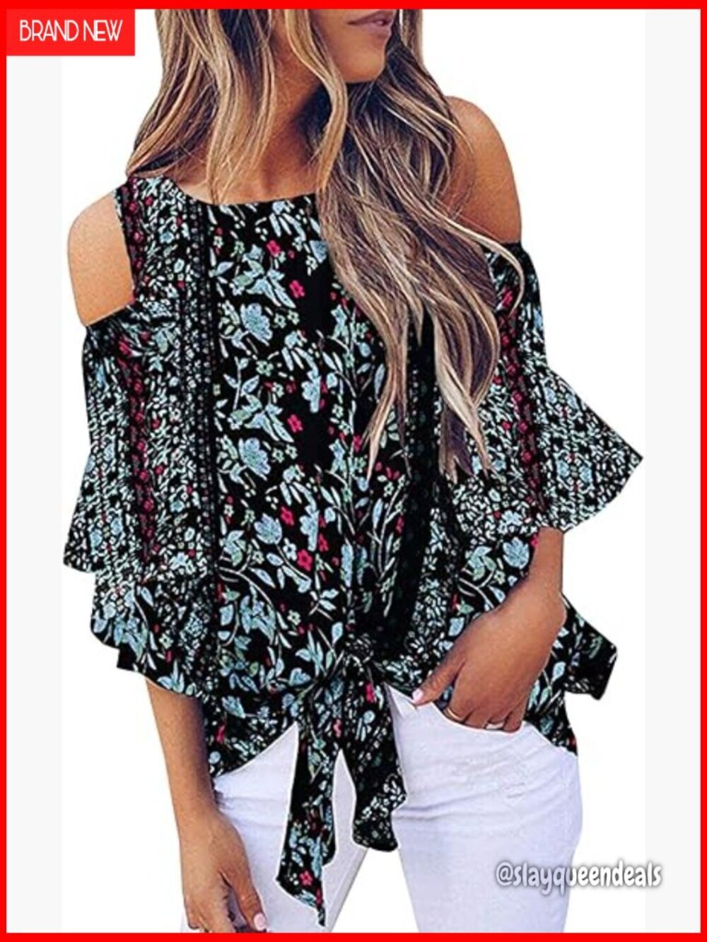 Loose Fit Rayon Blouse Cold Shoulder Bell Sleeve Knot Front Boho Top
